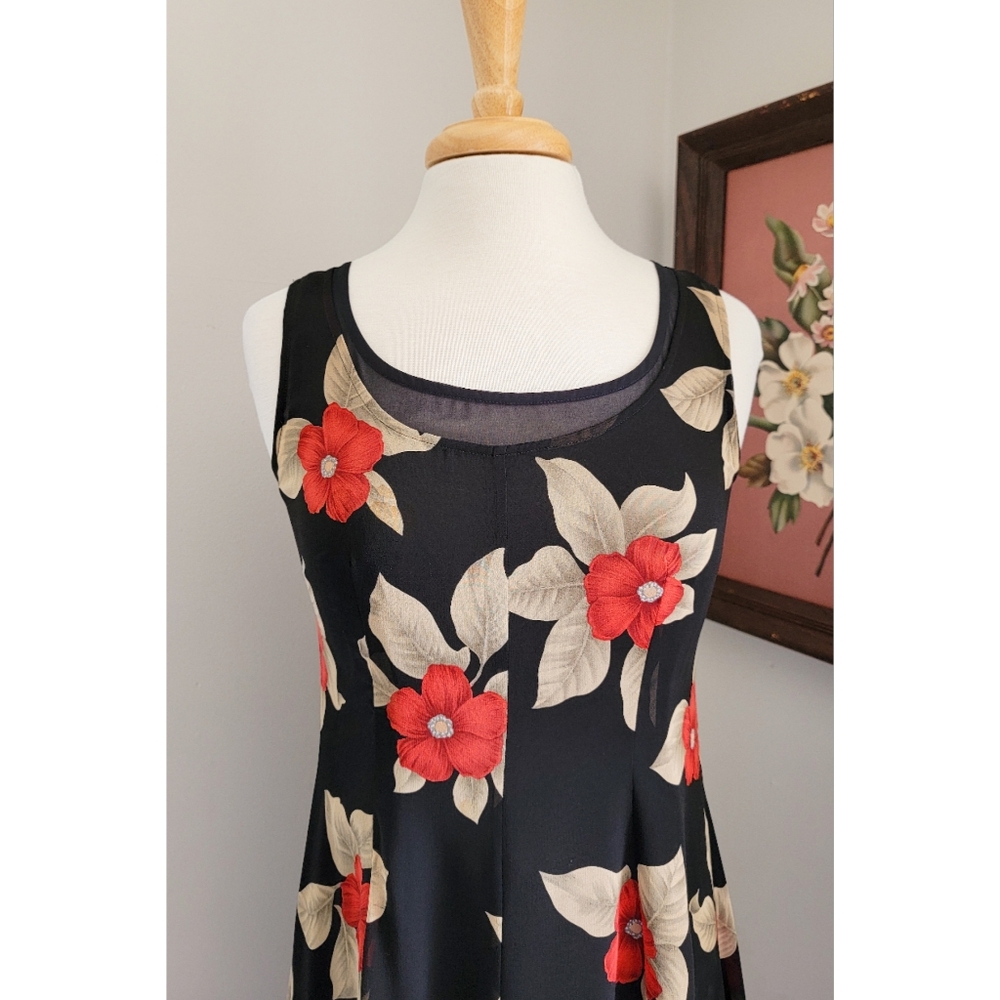90s Black Floral Silk Scoop Neck 1990s Vintage Fully Lined Sleeveless Midi Dress - Picture 9 of 14